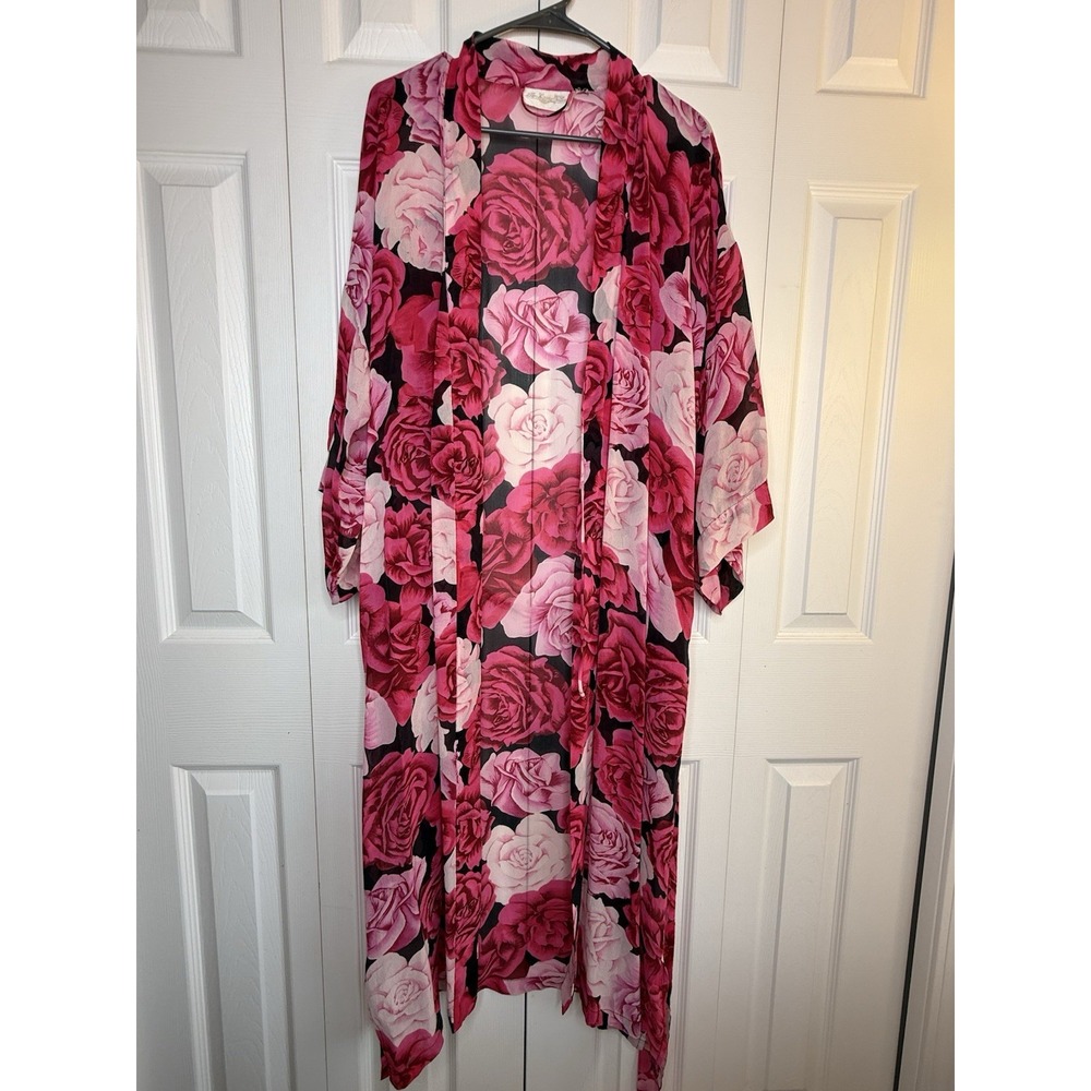 The Lingerie Collection Robe Vintage Pink Rose Floral Kimono Pockets Romantic S